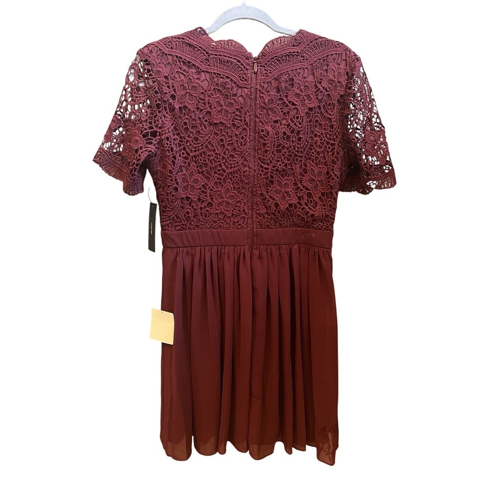 Lulus Burgundy Lace Chiffon Mini Dress Short Sleeve Crochet Party Size Med NEW - Picture 3 of 6
